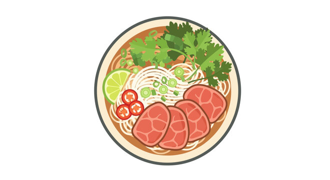 Vietnamese Pho Noodle Soup with Beef, Lime, Herbs, and Chili - Top View Illustration