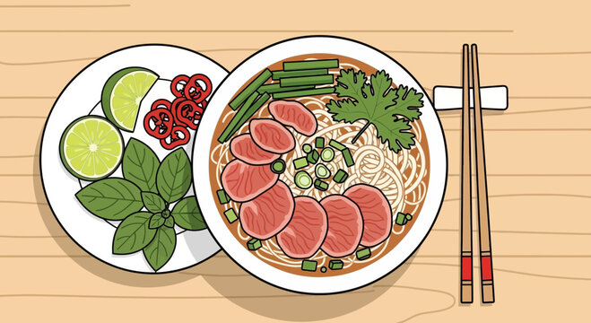 Vietnamese Pho Noodle Soup with Beef, Lime, and Herbs - Top View Illustration