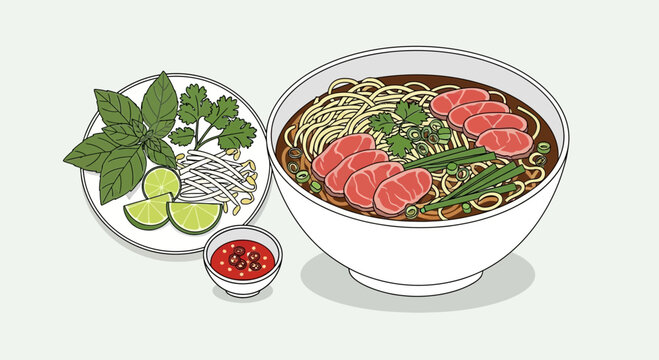 Vietnamese Pho Noodles Soup with Beef, Lime, Bean Sprouts, and Herbs