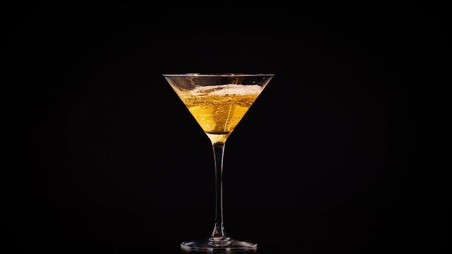Champagne or golden beverage being poured into martini glass on black background.
