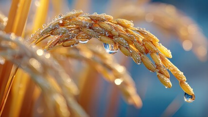 Fototapeta premium Close-up Macro shot of a golden ripe rice ear covered in glistening water droplets on a vibrant blue sky background