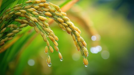 Fototapeta premium Close-up of Ripe Golden Rice Grains with Water Droplets in a Lush Green Field