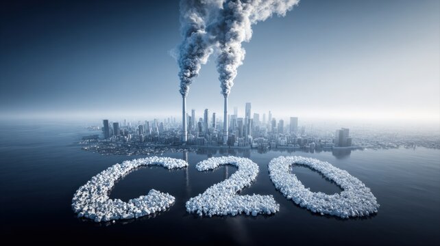 Industrial pollution looms over futuristic cityscape with C20 in foreground, symbolizing environmental concerns and climate change.