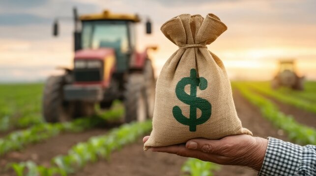 Farmer Holding Open Money Bag in Field with Tractor at Sunset