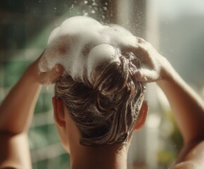 Naklejka premium Woman massaging shampoo into her hair creating rich lather and foam during a refreshing shower