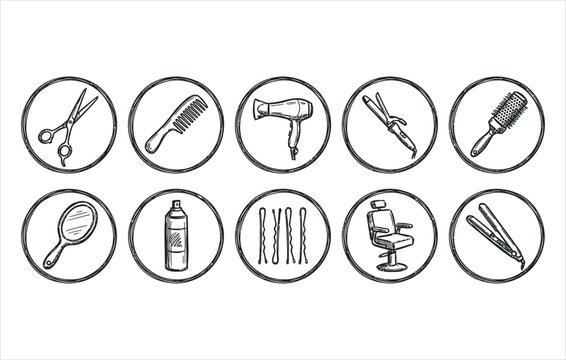 Hairdresser boutique supplies and salon workstation symbols hand drawn ink graphics