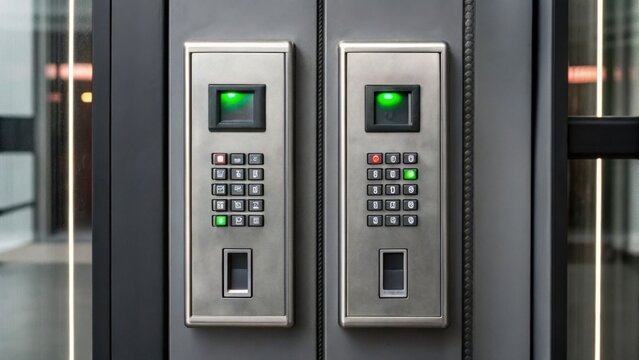 Dual biometric and keypad security access panels with illuminated green indicators for entry control on a modern glass door.