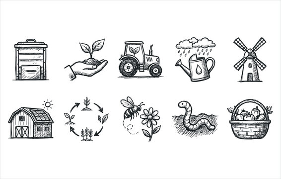 Modern green farm infrastructure and organic crop production hand drawn ink