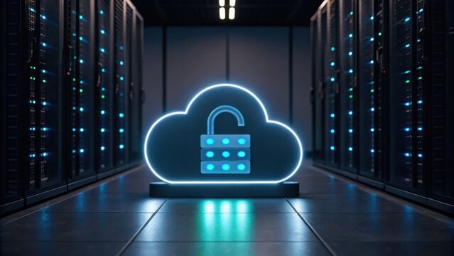 A glowing cloud-shaped lock icon in a dark server room represents cloud security and data protection in digital infrastructure.