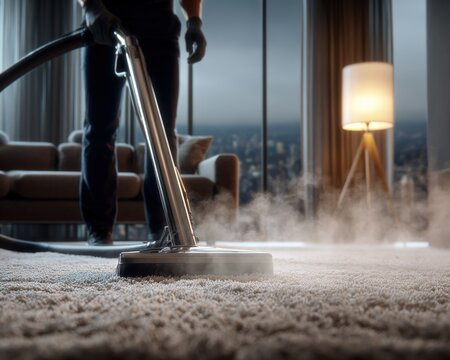 Professional Carpet Cleaning Service with Steam Vacuum in a Modern Living Room