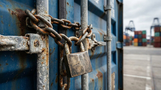 Rusty padlock and chain securing a blue shipping container, symbolizing trade restrictions like tariffs and embargoes, with blurred industrial port background