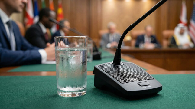 Microphone and glass of water on green table at global wealth summit with international flags in blurred background