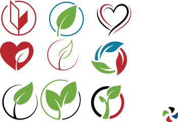 Fototapeta premium A beautiful collection of eco-friendly and wellness-inspired logos featuring leaves, hearts, and circular natural elements. This modern logo bundle is perfect for businesses focused on sustainability,