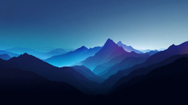Landscape background, mountain range as far as the eye can see, vector illustration of the atmosphere near dusk, cool color gradient on a blue background, for advertising design.