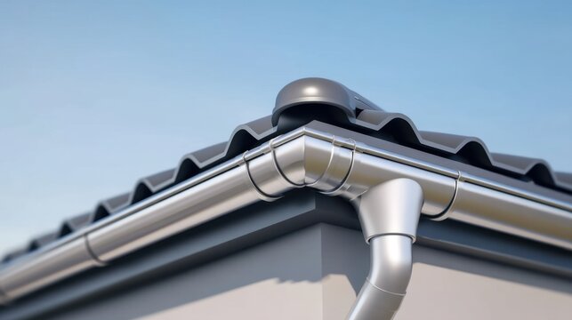 Stylish Grey Metal Rain Gutter System on Roof with Clear Sky Background