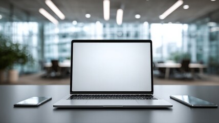 Fototapeta premium Modern Laptop and Smartphones on Desk in Bright Office with Blurred Background