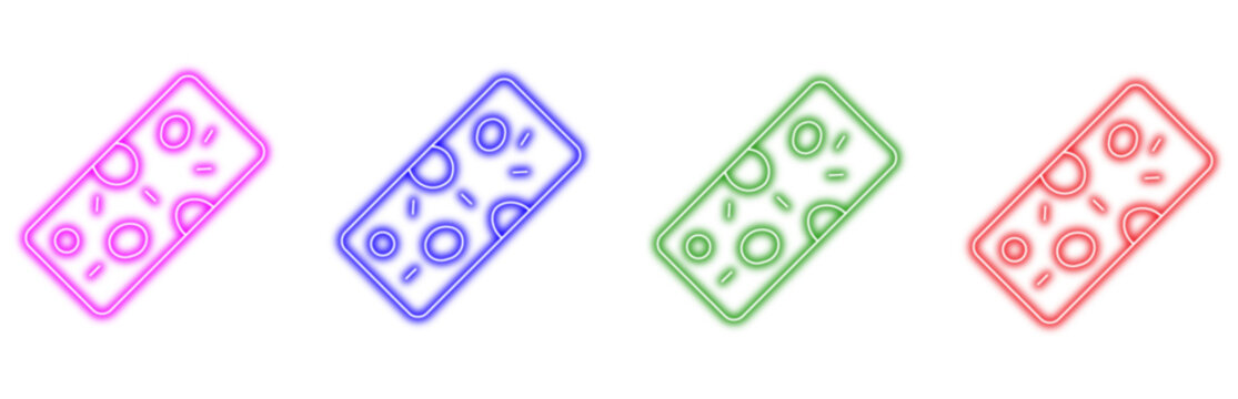 Set of colorful neon pizza icons showing a rectangular flatbread with pepperoni and herb toppings for restaurant menu designs and fast food delivery business marketing assets.