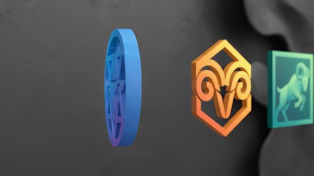 Graphic illustration featuring zodiac signs: Leo in a circle Aries in a hexagon and Ram in a square all in vibrant gradient colors