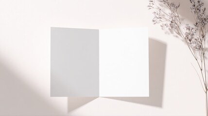 Fototapeta premium Blank greeting card mockup with dried floral accent and soft natural light casting shadows