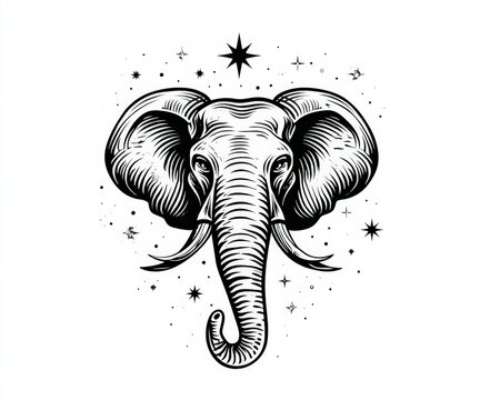 Detailed Vintage Engraving Style Elephant Head with Celestial Stars and Ornaments