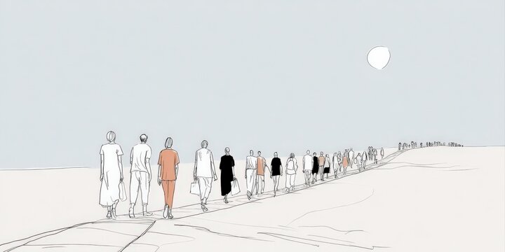 Diverse group of people walking in single file line along a path under a pale sky