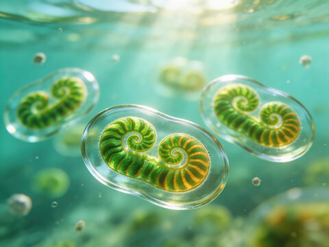 Scientific visualizations of algal cells, showing the spiral chloroplasts inside.