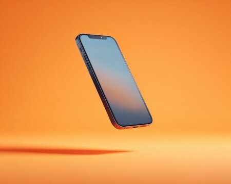 Sleek modern smartphone levitating against a vibrant orange studio background with subtle reflections