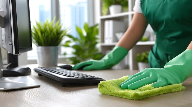 Professional office cleaning with microfiber cloth and computer desk in fresh green tones