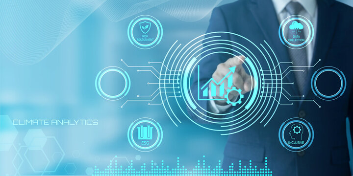 Businessman interacting with futuristic digital interface showing climate analytics risk assessment data collection and inclusive concepts