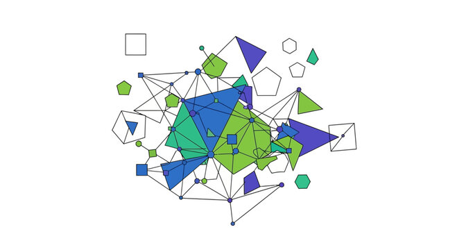 Abstract geometric network cluster with polygons and lines on white background