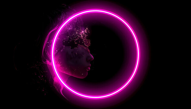 Abstract profile portrait with disintegration effect inside bright glowing neon circle on dark backdrop