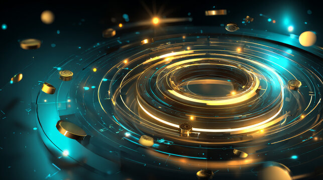 Technology circle background, two rings transfer energy, small objects scattered around the area with strength, light and shadow placed in the focus, dimensional, vector to create a wallpaper.