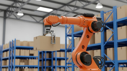 Naklejka premium An industrial robotic arm lifts a cardboard box in a warehouse with blue shelving.