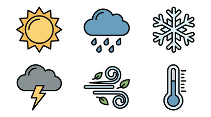 Fototapeta premium Weather Icons Set Showing Sun Cloud Rain Snow Thunder Wind Thermometer.