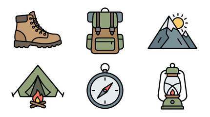 Hiking Gear Set With Boots Backpack Tent Compass Lantern. © trirama17