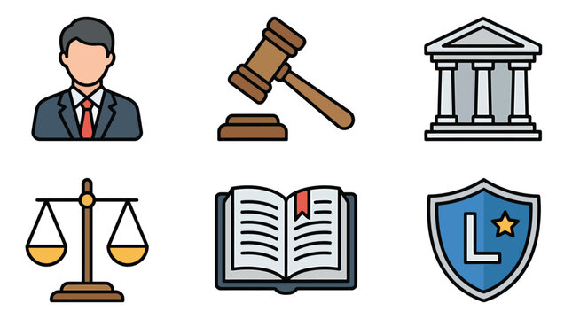Legal Symbols Set Representing Law Justice And Court.