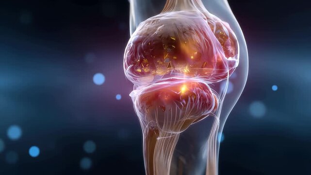Rendered medical animation shows the medial meniscus of the knee joint during a detailed visual representation of knee anatomy