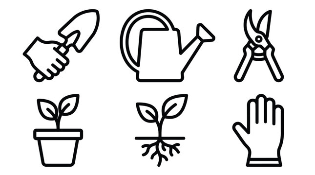 Gardening tools and plant icons collection.