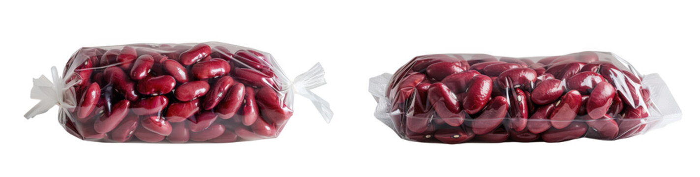 Transparent plastic bags filled with dried red kidney beans on transparent background