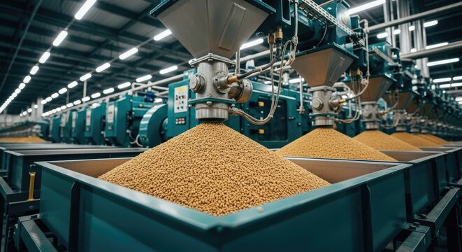 Grain processing facility with automated hoppers dispensing large quantities of soybeans into industrial containers
