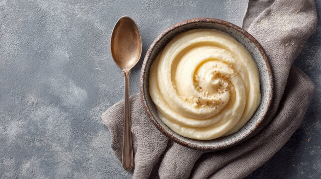 Silky celeriac puree in modern bowl with creamy texture and glossy surface, elegantly swirled with spoon under warm natural lighting, minimalistic gourmet plating for culinary presentation