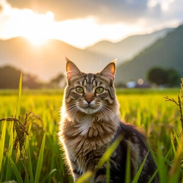 cat in the rice field with the sun in the background
