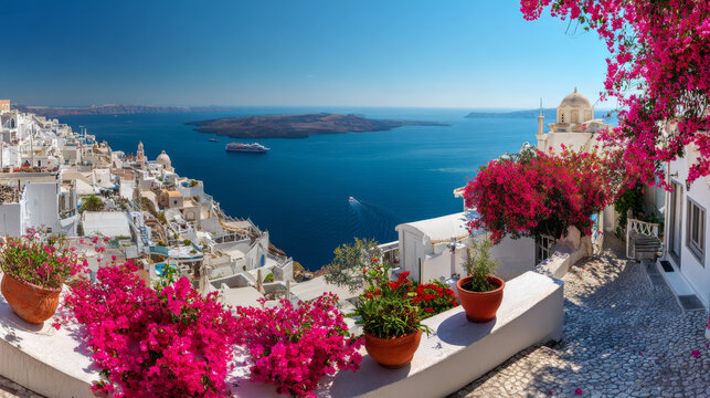 Sunny morning panorama of Santorini island. Colorful spring view offamous Greek resort Fira, Greece, Europe. Traveling concept background. Artistic style post processed photo.
