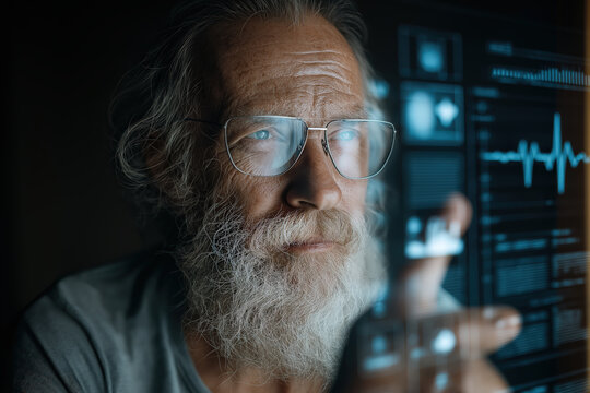 Elderly man hologram interface digital health data futuristic technology monitoring