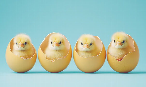 Adorable chicks emerging from eggshells against a soft blue backdrop