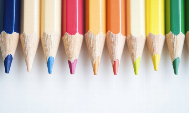 Brightly colored pencils lined up neatly with sharp tips pointing down on plain 