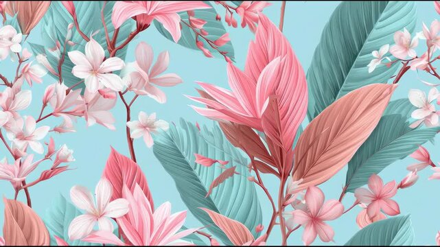 Pastel floral pattern tropical leaf pink flower blue leaf botanical background nature art seamless elegant wallpaper tropical