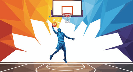 Basketball Player Dunking with Geometric Background © punduh