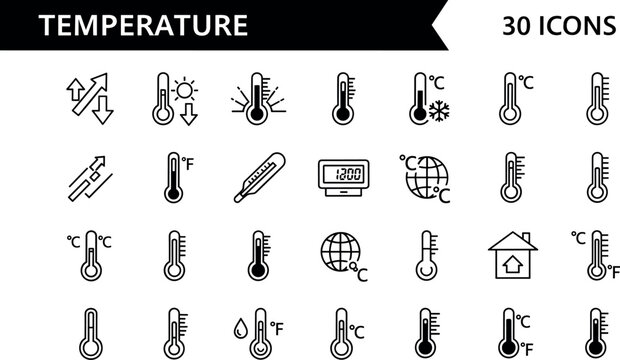 Temperature icon set with thermometer celsius fahrenheit weather heat cold and climate measurement symbols in outline style