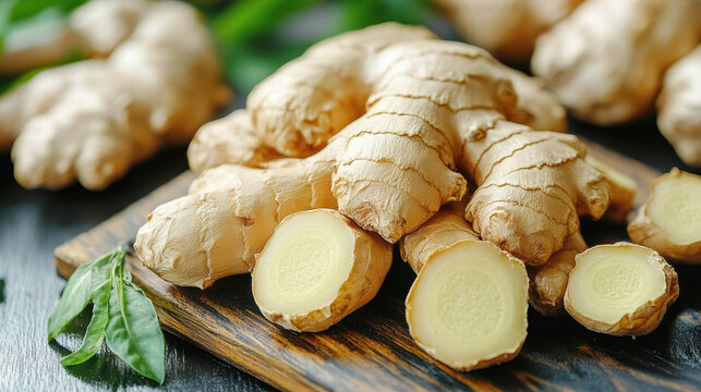 Ginger root on rustic wood with green leaves